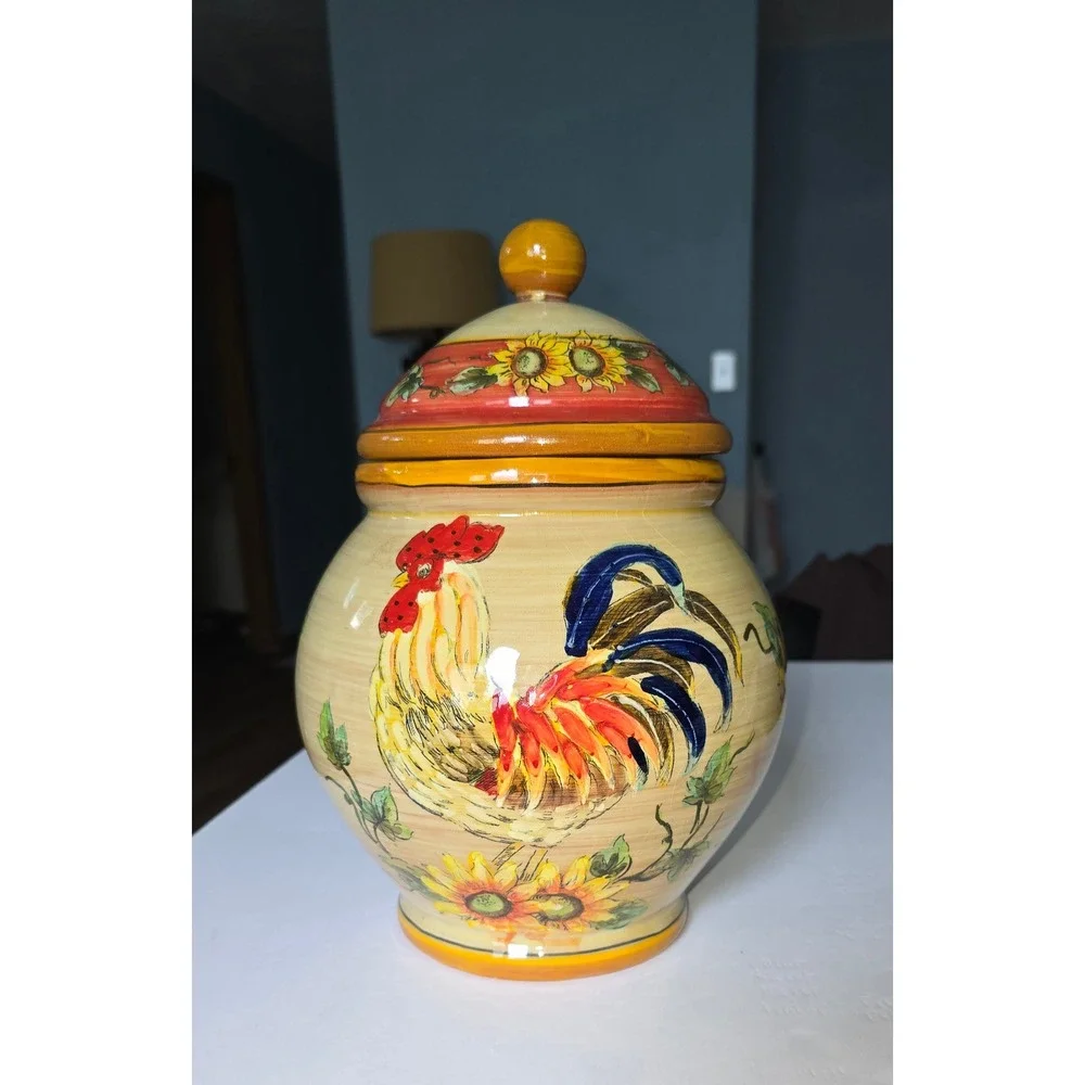 Gallo Ceramic Rooster and Sunflower Canister Jar with Lid Farmhouse Decor